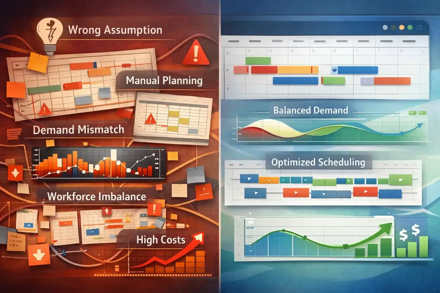 Split dashboard showing chaotic scheduling vs optimized workforce planning